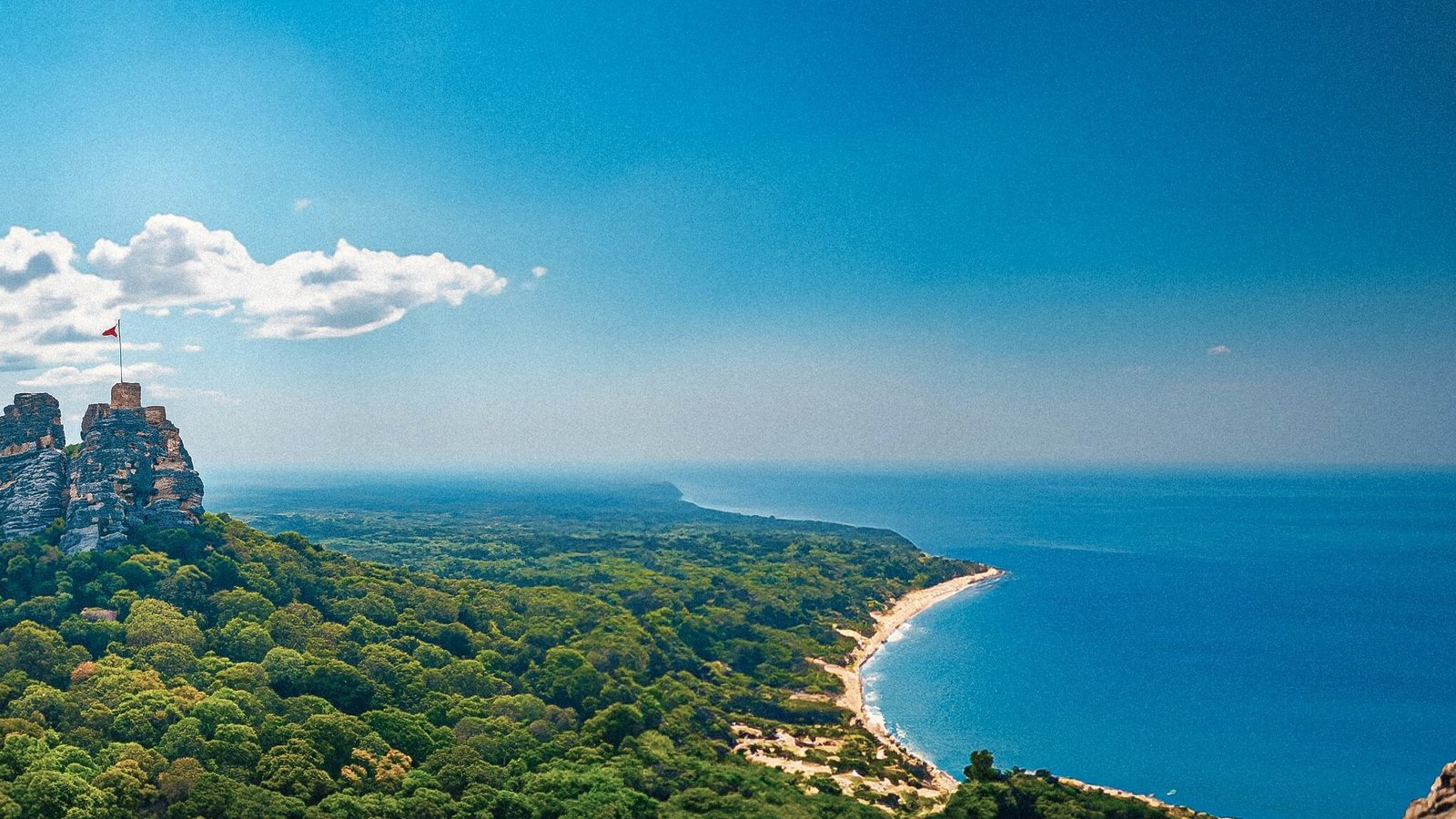 an aerial view of a mountain with a beach in the background